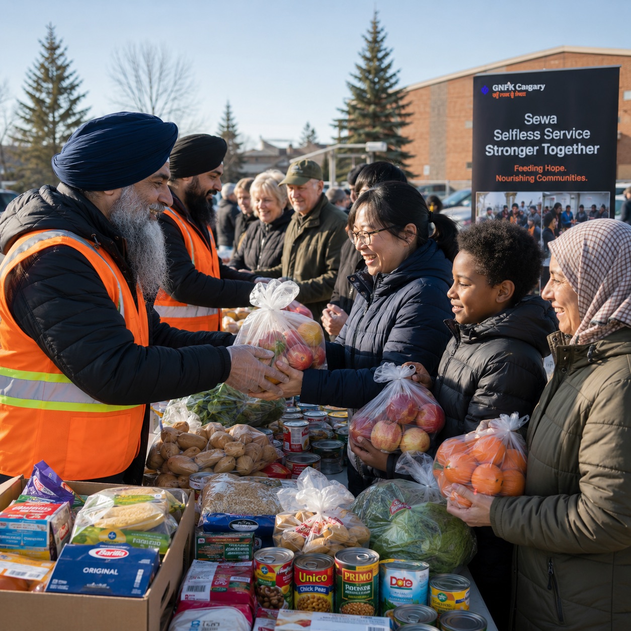 Calgary community members receiving groceries at an outdoor distribution
