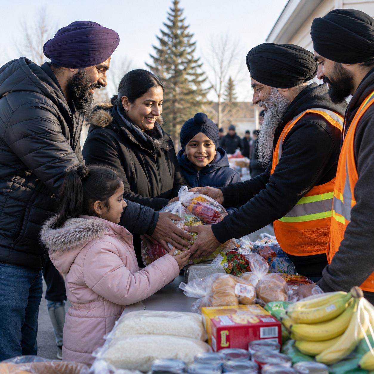 A family receiving fresh groceries from Guru Nanak Free Kitchen volunteers