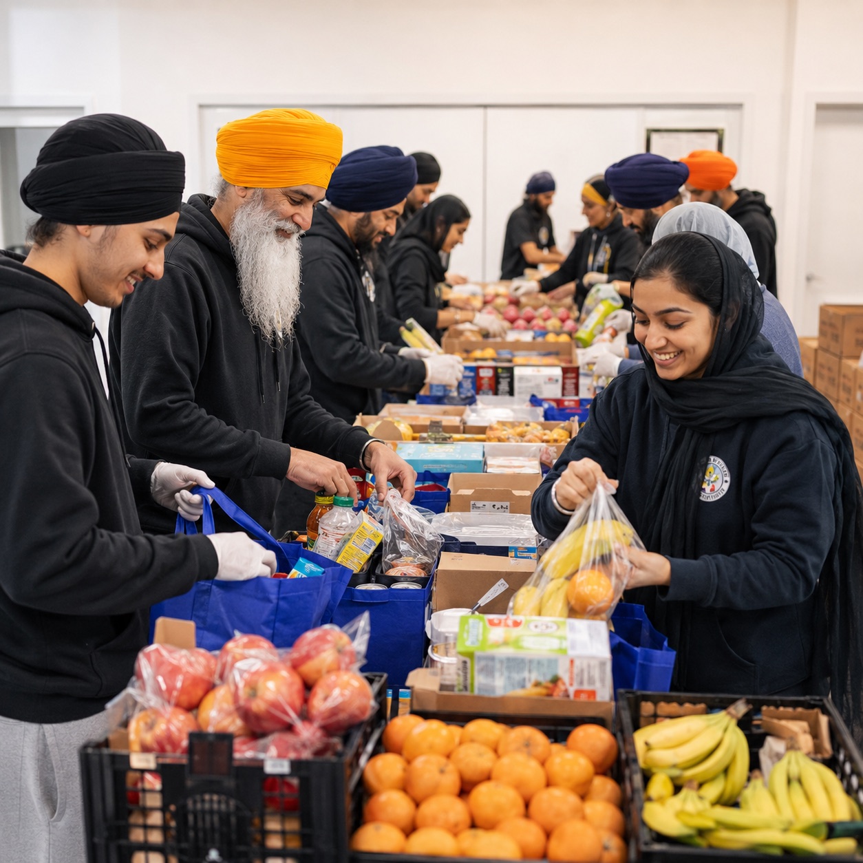 Guru Nanak Free Kitchen volunteers packing fresh fruit and groceries