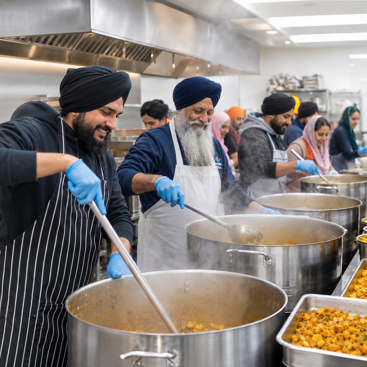 Volunteers preparing langar together in a community kitchen