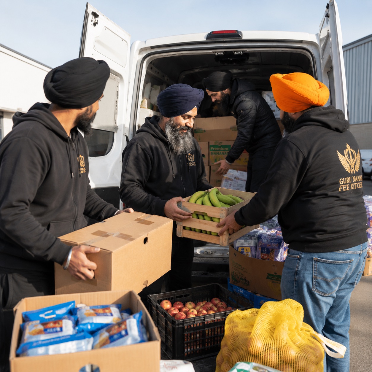 Volunteers unloading fresh produce and groceries from a delivery van