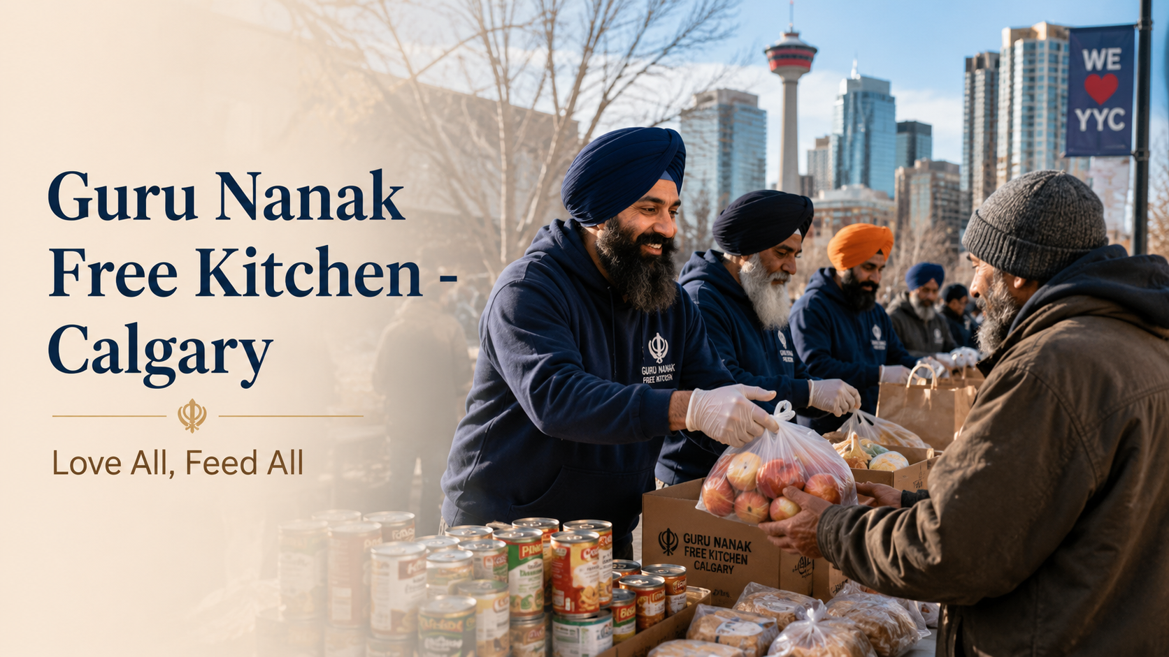 Guru Nanak Free Kitchen Calgary volunteers distributing groceries in downtown Calgary