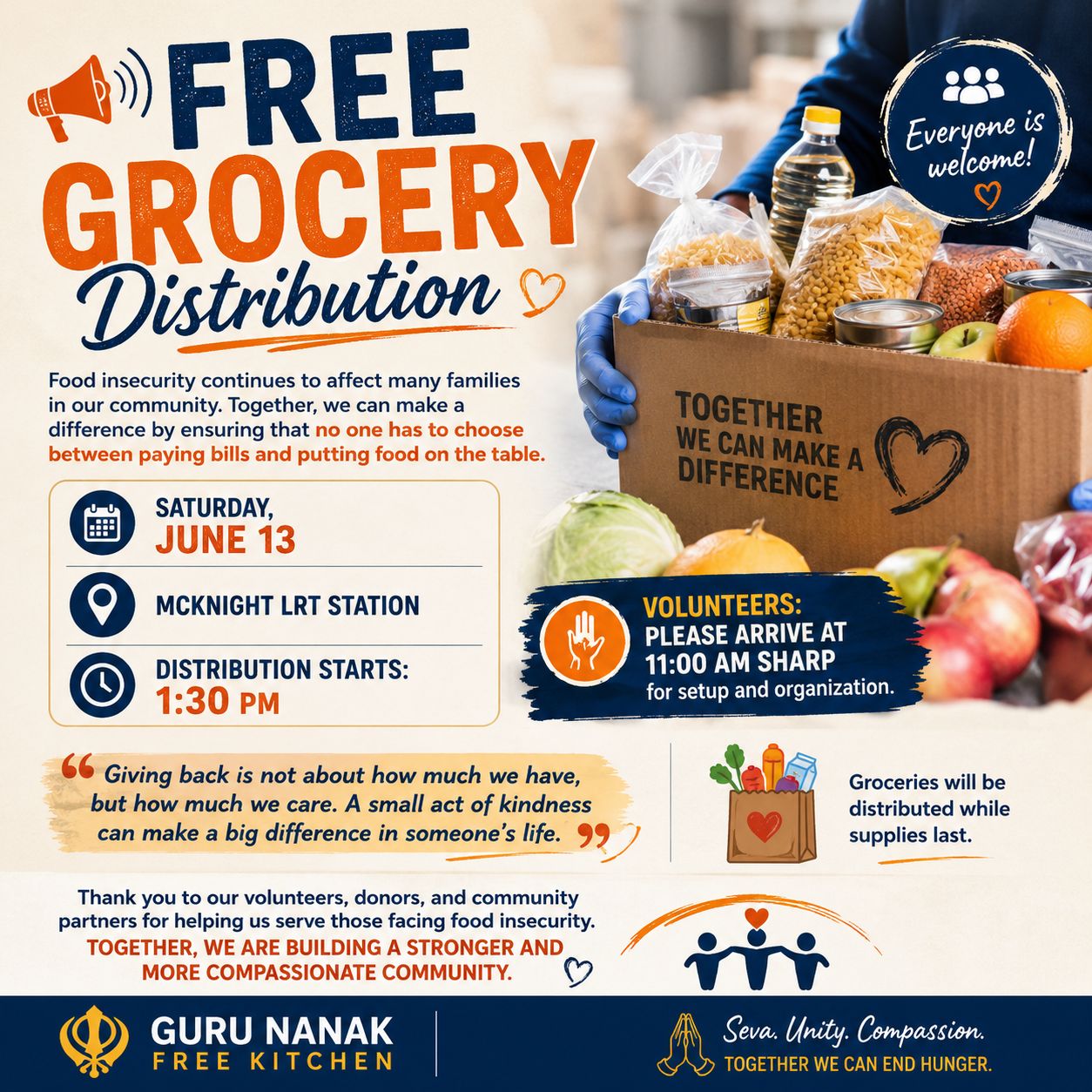Free grocery distribution event at McKnight LRT Station on Saturday, June 13, 2026
